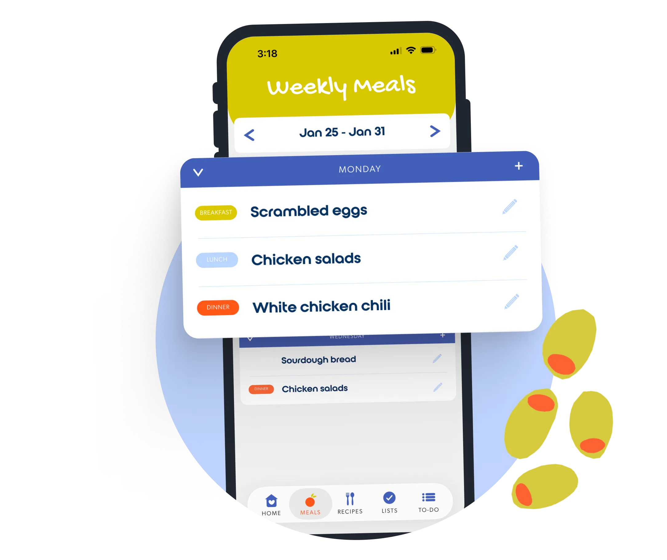 Meal planner showing a weekly meal plan with all meals and extras