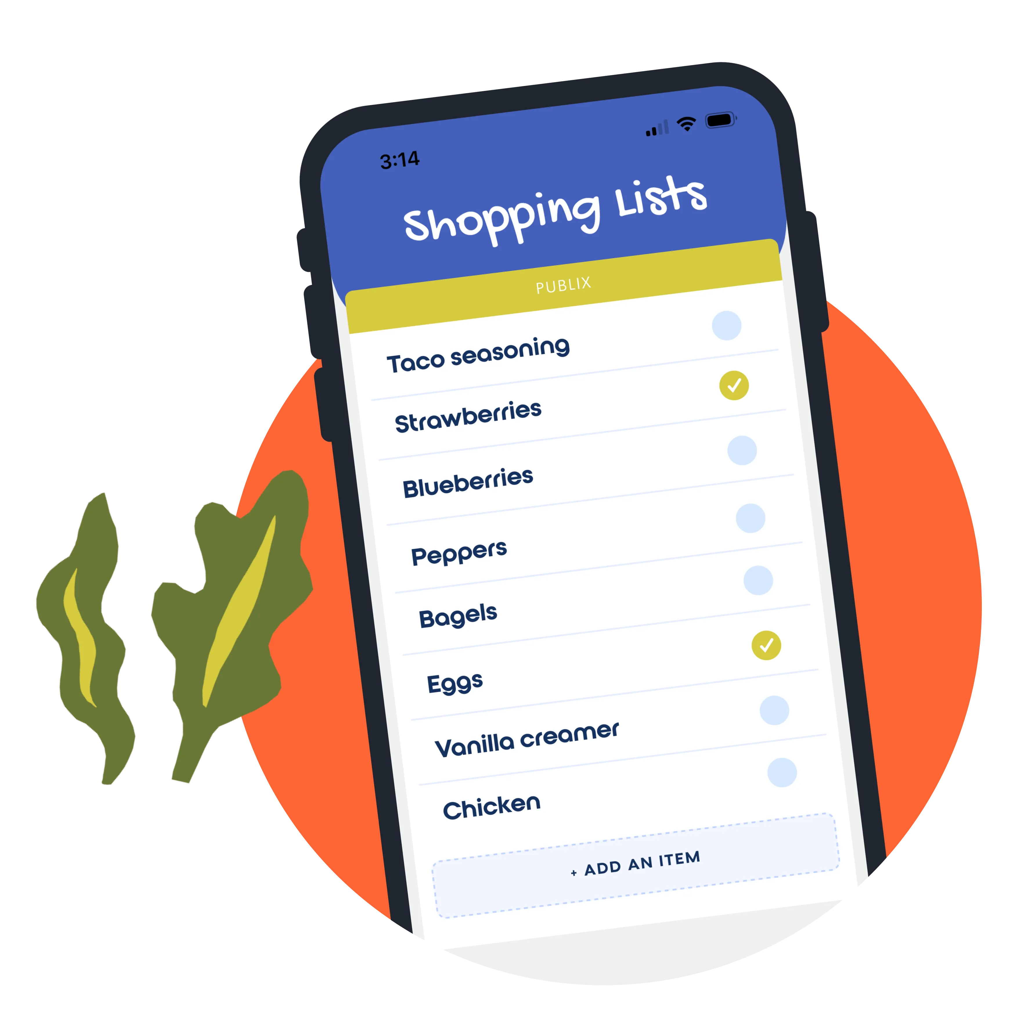 Digital grocery list with ingredients generated from a meal plan