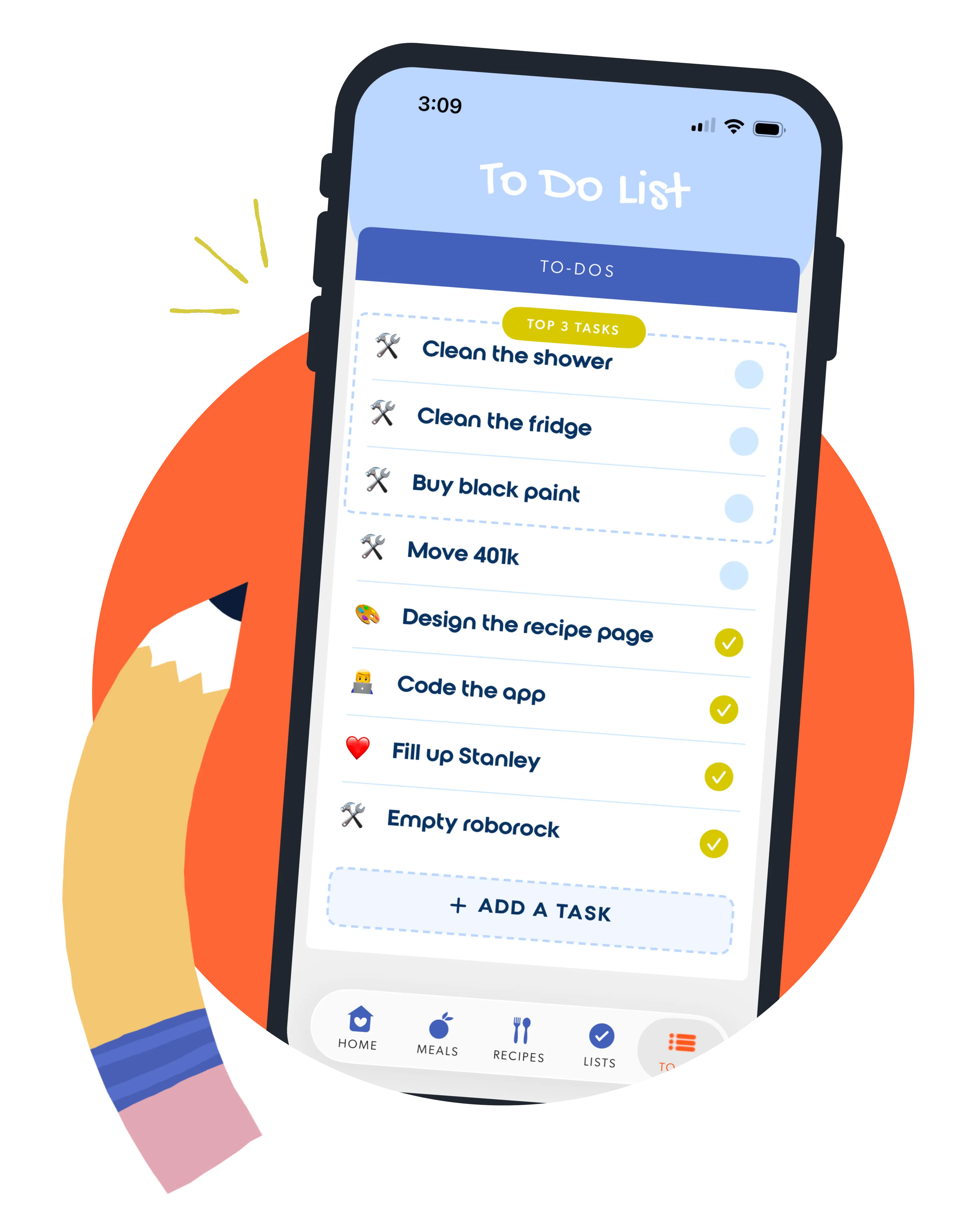 Organized daily todo list inside the Mundee planning app
